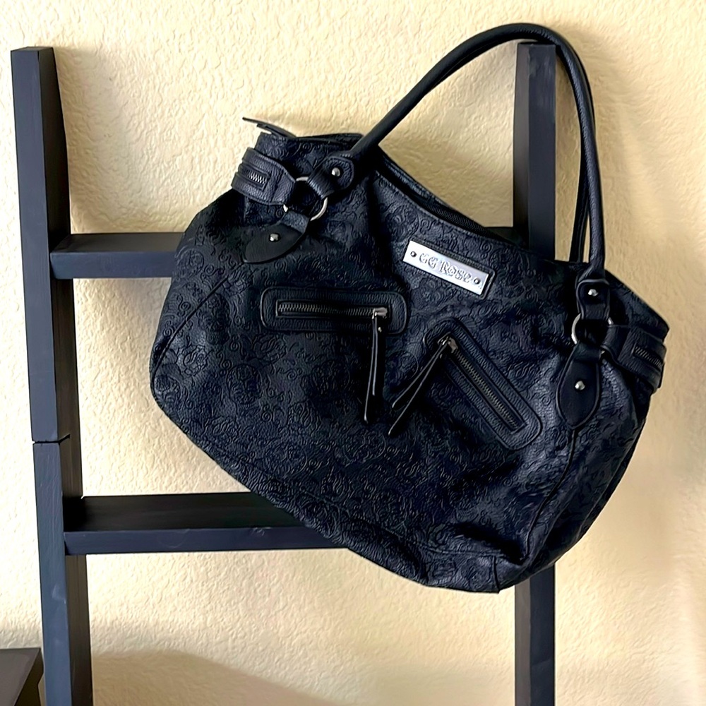 GG Rose, black skull and rose large purse.